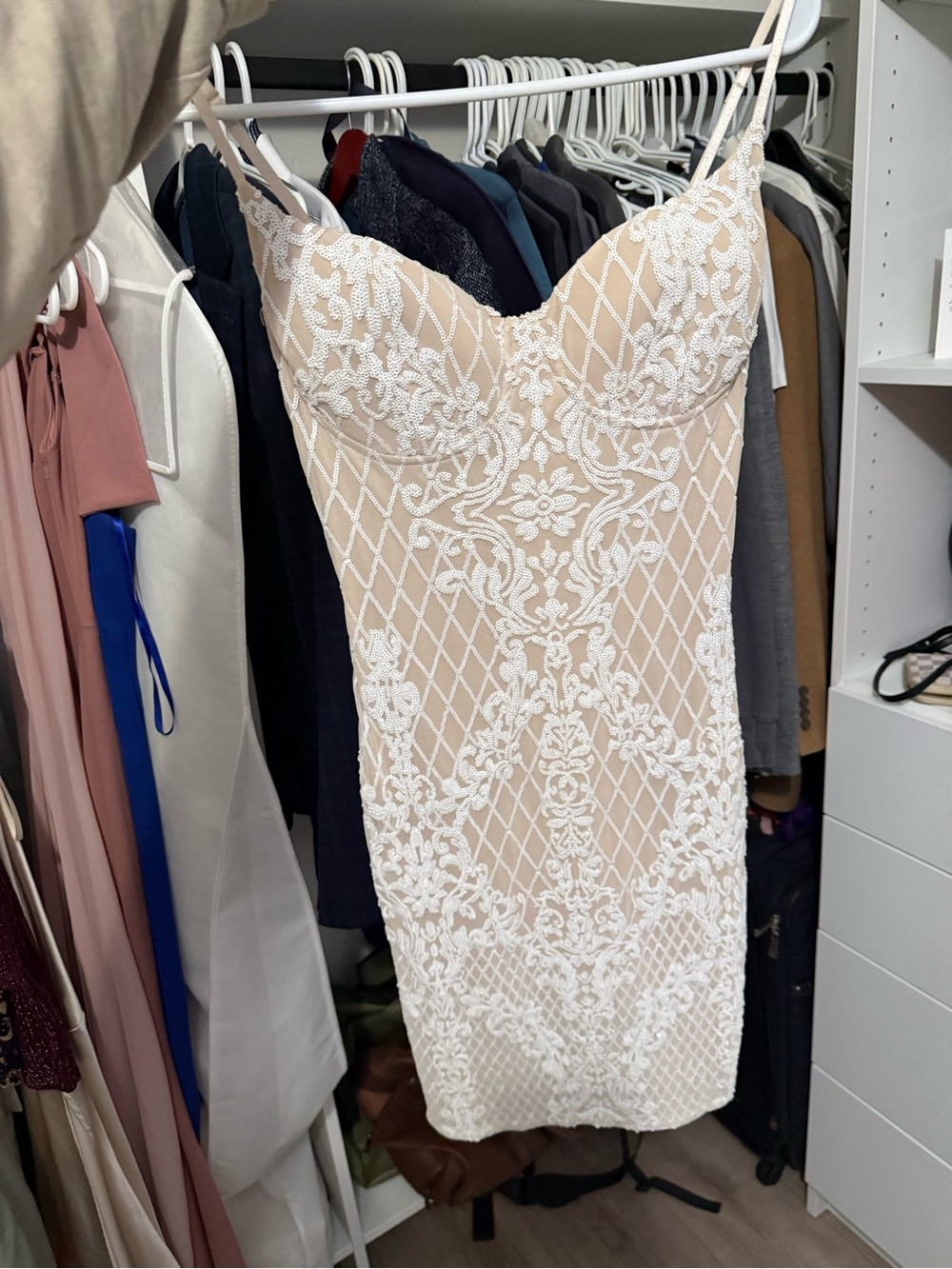 Beige Lace Bodycon Dress with White Embroidery